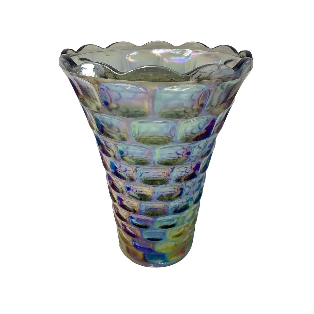 Vintage Federal Glass Smoke Gray Carnival Glass Vase 8" Thumbprint Iridescent
